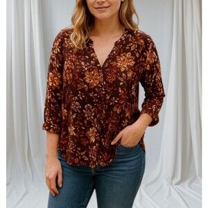 Cocomo Blouse Top Women's 2X Dark Floral Roll Tab Sleeve Boho Romantic Fairy Art